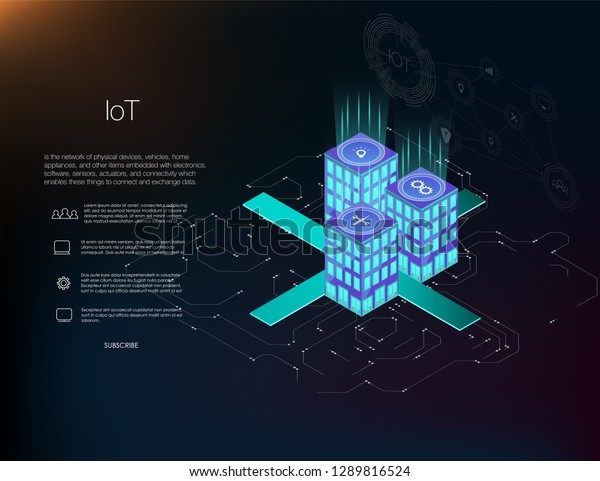 Smart city or intelligent building\
isometric vector concept. Management system or BAS thematical\
background. IoT platform future technology. Building automation\
with computer networking illustration.\
