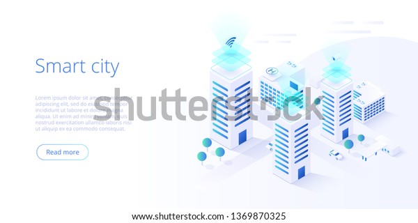 Smart city or intelligent building isometric\
vector concept. Building automation with computer networking\
illustration. Management system thematical background. IoT platform\
as future technology.