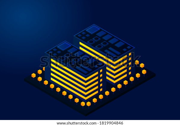 Smart city or intelligent building isometric\
vector concept. Modern smart city urban planning and development\
infrastructure buildings. Creative vector illustration on gradient\
background.