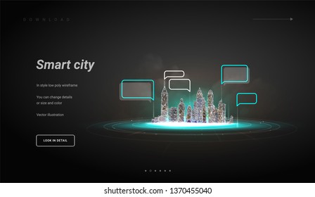 Smart City Or Intelligent Building.  Low Poly Wireframe. Building Automation With Computer Networking Illustration. Management System Or Thematical Background. Plexus Lines And Points In Silhouette.