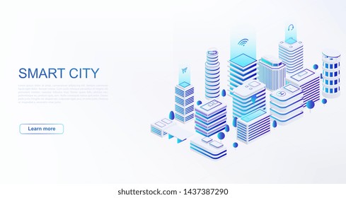 Smart city with intelligent buildings connected to computer network. Concept of building automation, smart home control.