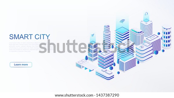 Smart\
city with intelligent buildings connected to computer network.\
Concept of building automation, smart home\
control.