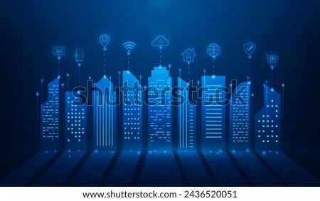 smart city internet of thing iot icon line connect technology on blue background. network system buildings skyscraper. real estate innovation modern. vector illustration fantastic hi-tech design.