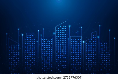 smart city internet of thing technology on blue background. cityscape iot global networks and cyber connectivity. vector illustration fantastic technology. 