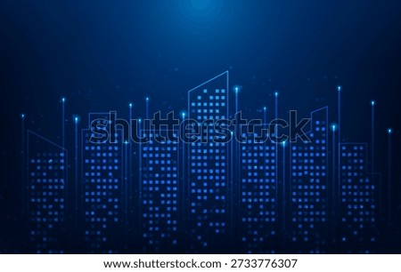 smart city internet of thing technology on blue background. cityscape iot global networks and cyber connectivity. vector illustration fantastic technology. 