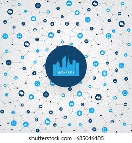 Smart City, Internet of Things or Cloud Computing Design Concept with Icons - Digital Network Connections, Technology Background