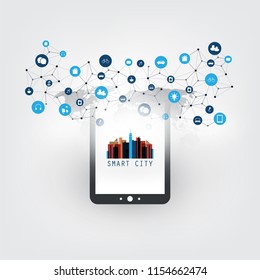 Smart City, Internet of Things Design Concept with Tablet PC and Icons - Digital Network Connections, Technology Background