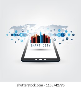 Smart City, Internet of Things Design Concept with Tablet PC and Icons - Digital Network Connections, Technology Background