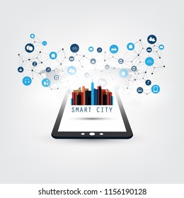 Smart City, Internet of Things Design Concept with Tablet PC and Icons - Digital Network Connections, Technology Background
