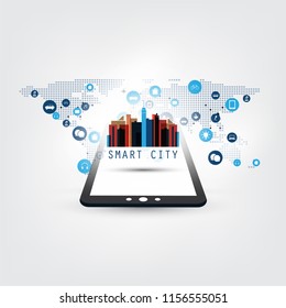 Smart City, Internet of Things Design Konzept mit Tablet PC und Symbolen - Digitale Netzwerkanschlüsse, Technologie-Hintergrund