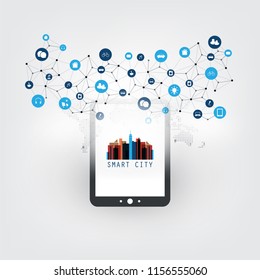 Ciudad inteligente, Internet de cosas Concepto de diseño con Tablet PC e iconos - Conexiones de red digital, fondo de tecnología
