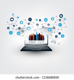Smart City, Internet of Things Design Concept with Notebook PC and Icons - Digital Network Connections, Technology Background
