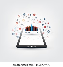 Smart City, Internet of Things Design Concept with Tablet PC and Icons - Digital Network Connections, Technology Background