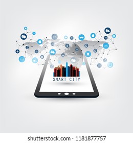Smart City, Internet of Things Design Concept with Tablet PC and Icons - Digital Network Connections, Technology Background
