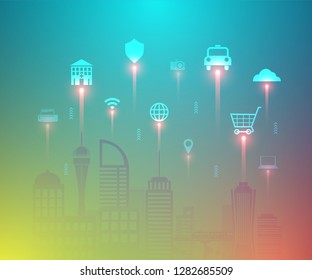 Smart city and Internet of things with floating icons vector.