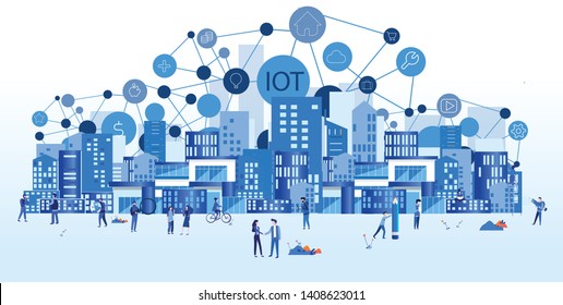 Smart city Internet of things , IOT, network, Everything connectivity device concept, business with internet, with small people around. Vector illustration for web, print, presentation.