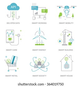 Smart city and internet of things line icons. Future technology symbols for banner, template, website. Green home and technologies.