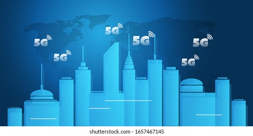 Smart City, IoT and 5G Mobile Networks - Digital Technology Design Concept with Cityscape