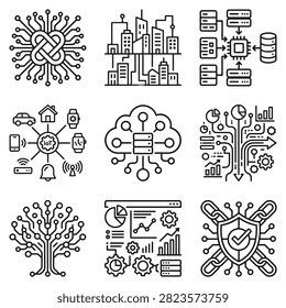 Smart city IoT and cloud database management icons.