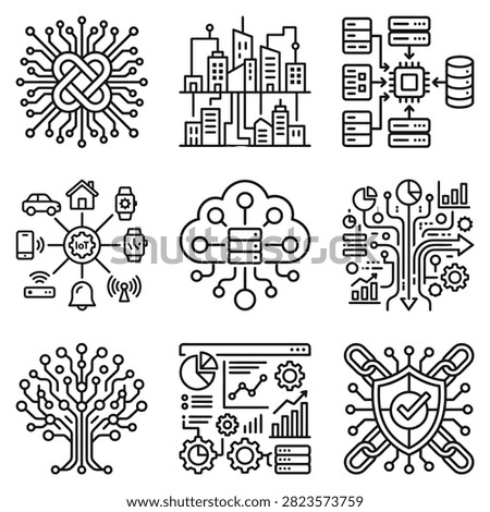 Smart city IoT and cloud database management icons.