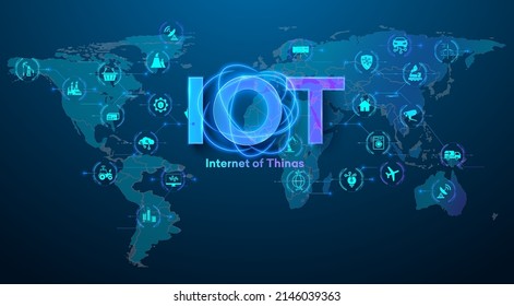 Smart city and IoT concept.  Internet of Things devices and connectivity concepts on a network. Spider web of network connections with on a futuristic blue background. Connect wireless devices. Vector
