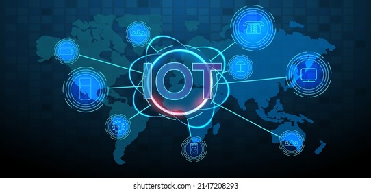 Smart city and IoT concept. Internet of Things devices and connectivity concepts on a network. Spider web of network connections with on a futuristic blue background. Connect wireless devices. Vector