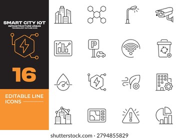 Smart city IoT infrastructure icon set representing urban technology connected systems digital networks and intelligent city solutions.