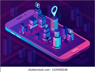 Smart city isometric architecture concept. Web banner with neon buildings. Futuristic 3d city smartphone app map. Intelligent buildings with signs. Internet of things. Isolated vector illustration
