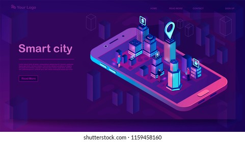 Concepto de arquitectura isométrica de ciudad inteligente. Banner web con edificios de neón. Mapa de la aplicación para smartphones en 3D, ciudad futurista. Edificios inteligentes con carteles.Internet de las cosas. Ilustración vectorial aislada