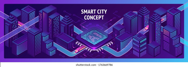 Smart city isometric banner, ai trains driving through hub with microcircuit elements, neon glowing buildings and modern urban architecture, artificial intelligence technology 3d vector illustration