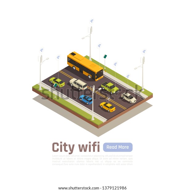 Smart city isometric banner\
with city wi fi description and read more button vector\
illustration