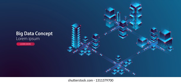 Smart city. Isometric big data concept, database.  Abstract technology background. Vector illustration