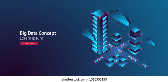 Smart city. Isometric big data concept, database.  Abstract technology background. Vector illustration