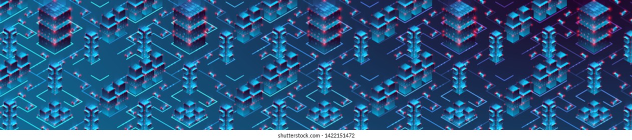Smart city. Isometric big data concept, database.  Abstract technology background. Vector illustration