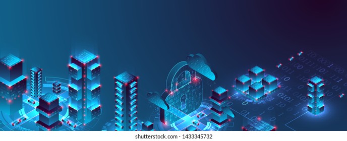 Smart city. Isometric big data concept, database.  Abstract technology background. Vector illustration