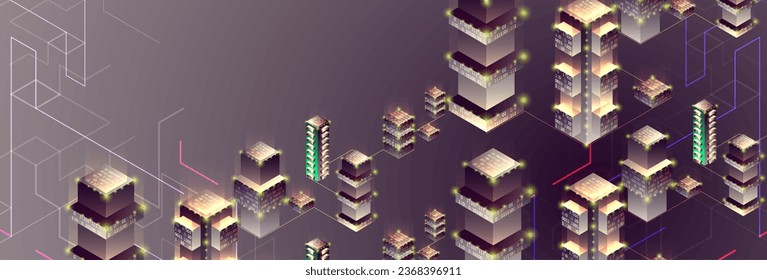 Smart city. Isometric big data concept, database.  Abstract technology background. Vector illustration