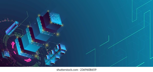 Smart city. Isometric big data concept, database.  Abstract technology background. Vector illustration