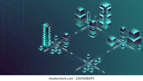 Smart city. Isometric big data concept, database.  Abstract technology background. Vector illustration