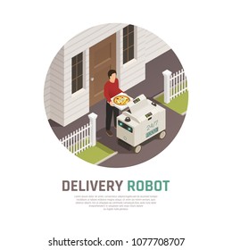 Smart city isometric composition with images of automatic pizza delivery machine and human character with text vector illustration