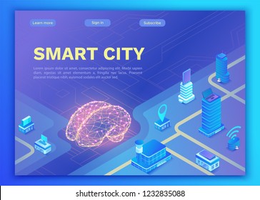 Smart city isometric concept, artificial intelligence management of online transportation system, mobile app landing page template with intelligent buildings, smartphone, 3d vector illustration