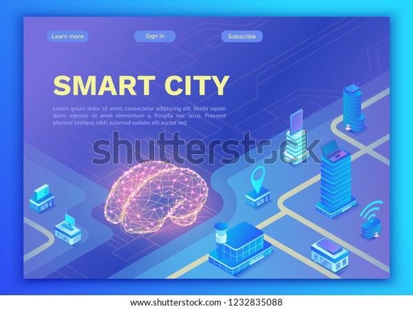 Smart city isometric concept, artificial\
intelligence management of online transportation system, mobile app\
landing page template with intelligent buildings, smartphone, 3d\
vector illustration