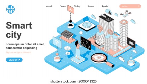 Smart city isometric concept. Future cityscape, skyscrapers and infrastructure, management with wireless technology, line flat isometry web banner. Vector illustration in 3d design for landing page