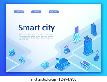Smart city isometric city concept, online transportation service, mobile app landing page template with intelligent buildings, smartphone, tablet, laptop, 3d vector illustration