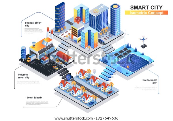 Smart city isometric concept. Scenes of people\
characters working at business or industrial center, lives at\
suburb, using green energy and innovation technology. Vector flat\
illustration in 3d\
design