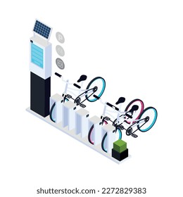 Smart city isometric icon with bike rental station with solar panels 3d vector illustration