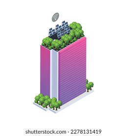 Smart city isometric icon with multistorey building with solar panels and green trees on roof 3d vector illustration