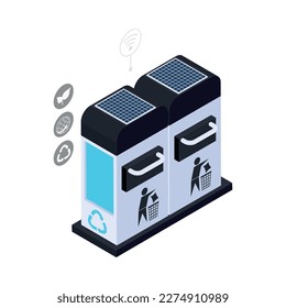 Smart city isometric icon with rubbish bins powered by solar panels 3d vector illustration