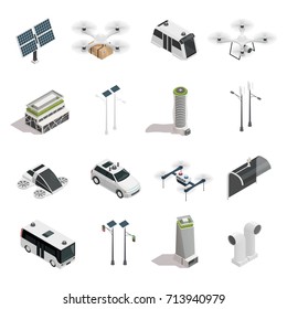 Smart City Isometric Icons Collection With Ecological Energy Sources Unmanned Vehicles And Air Purification Technology Isolated Vector Illustration 