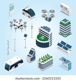 Smart city isometric icons set with transport and solar power symbols isolated illustration