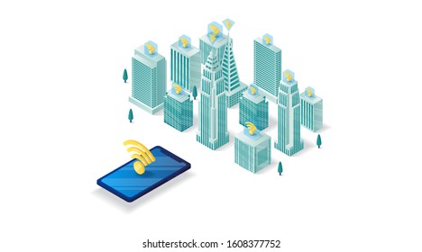 smart city isometric illustration design.smart city controlled by smart phone and gadget